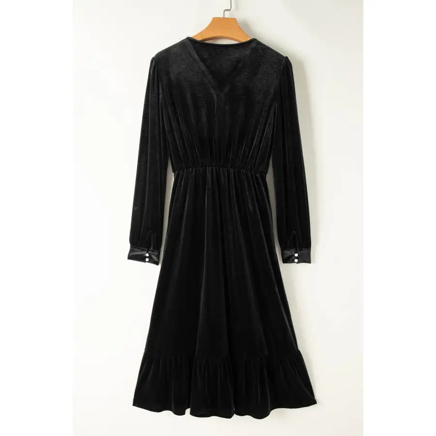 Ruffle Hem Slit V Neck Long Sleeve Dress
