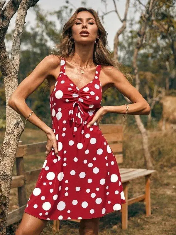 Women Polka Dot Ruched Knot Cami Dress