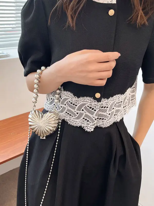 Beaded Heart Shape Pleated Shiny Bag Crossbody Bag Handbag