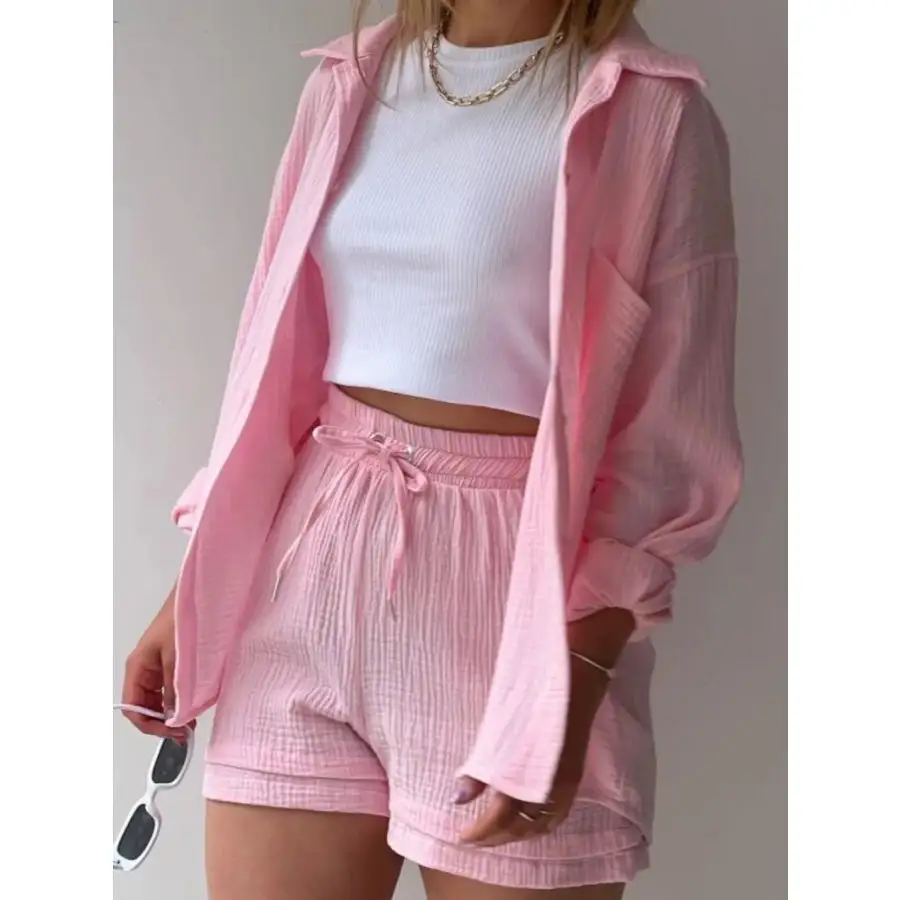 Relaxed Textured Button Up Shirt and Shorts Set