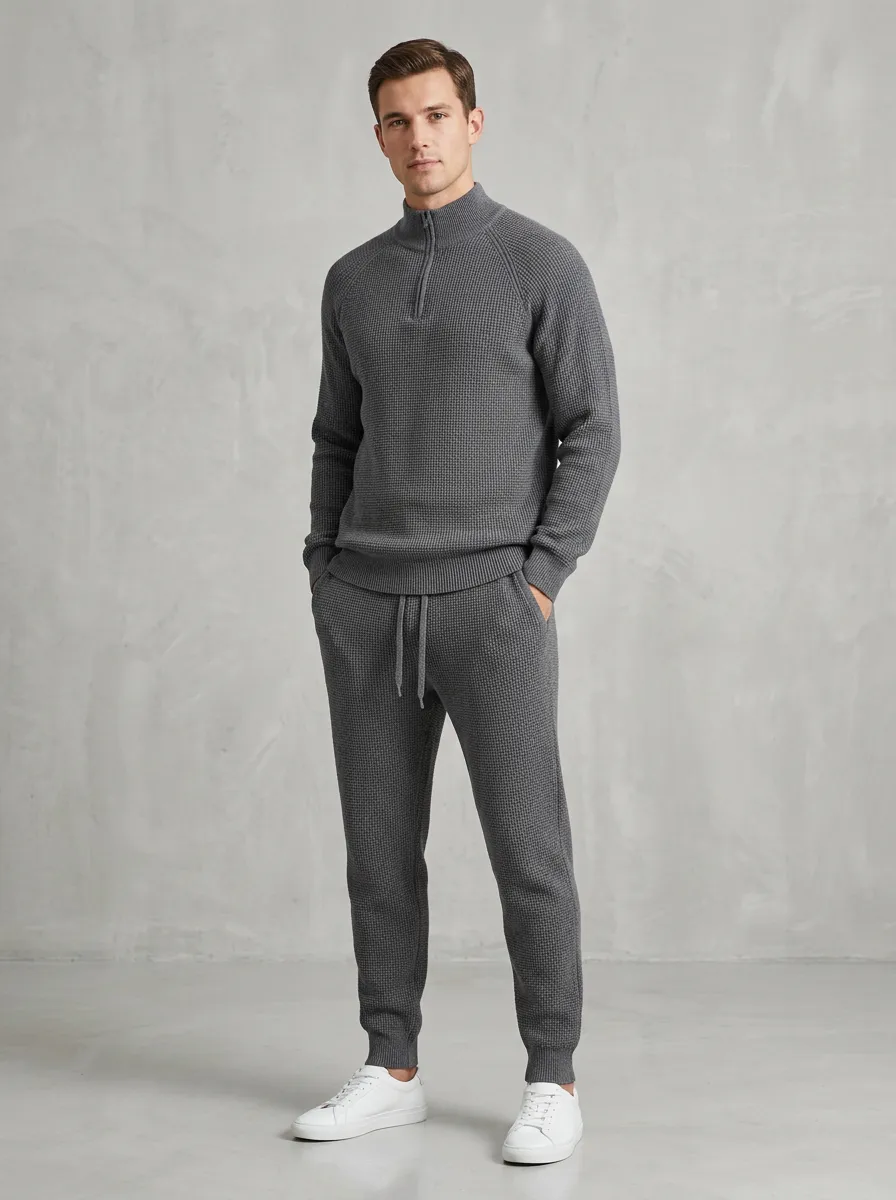 Waffle-Knit Quarter-Zip Men's Quarter-Zip Knit Tracksuit Set
