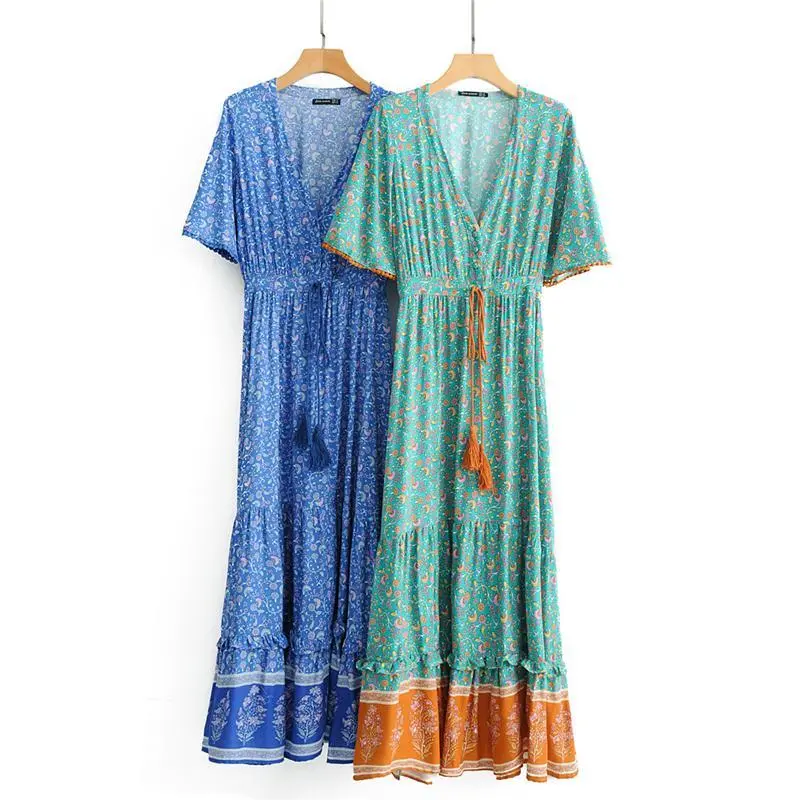 V-Neck Short Sleeve Boho Maxi Dress