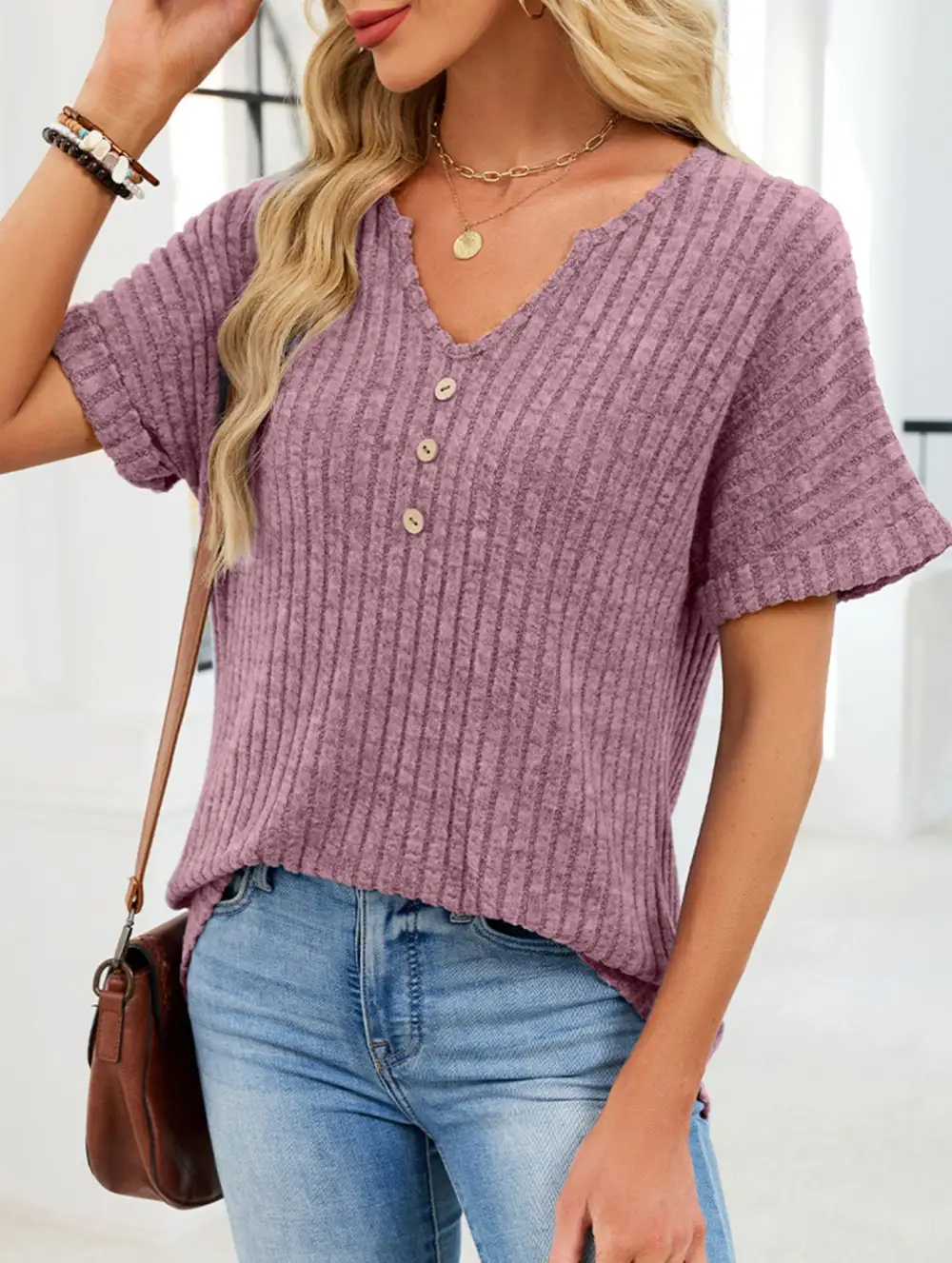 V Neck Button Front Loose Ribbed Tee