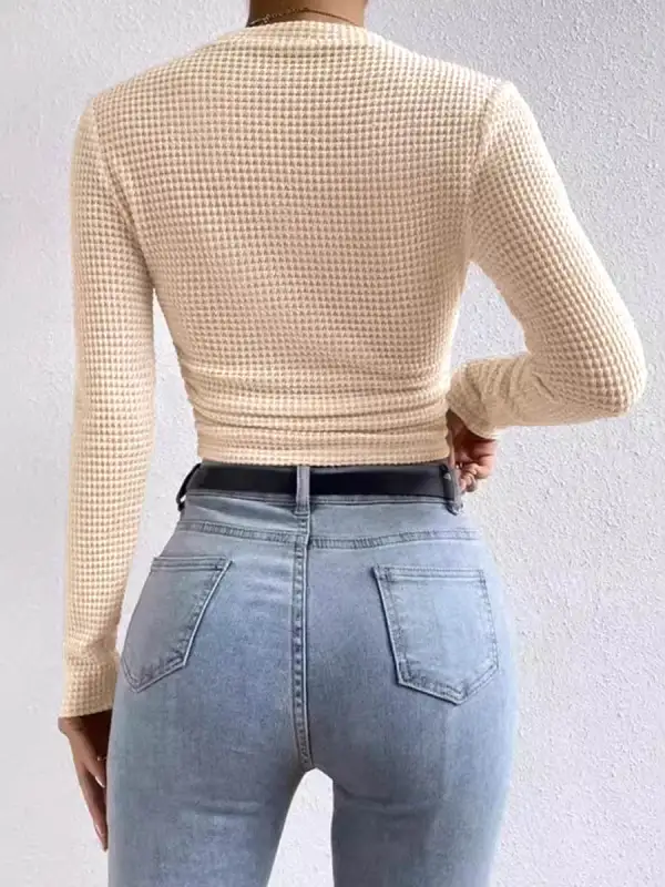 Long Sleeve Slim Fit Pleat Detail Panel Detail Textured Waffle Check Round Neck T-Shirt