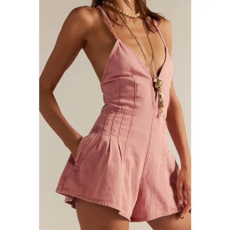 Deep V Neck Shorts Denim Romper