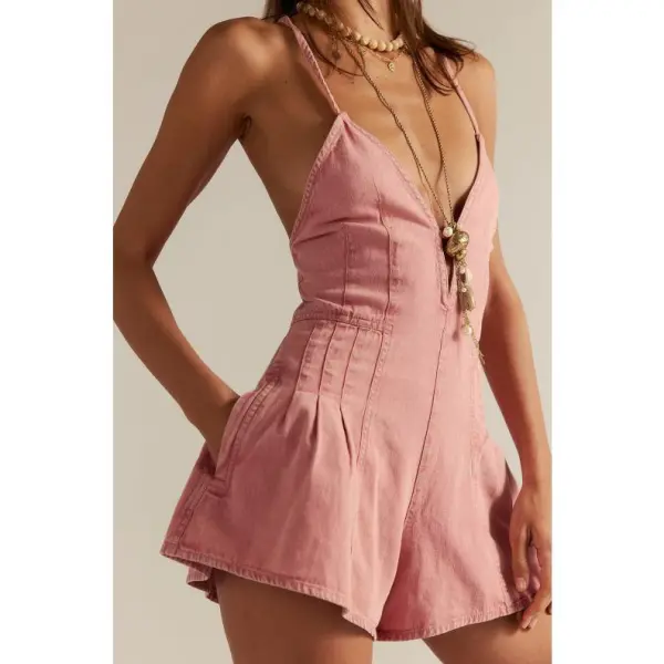 Deep V Neck Shorts Denim Romper