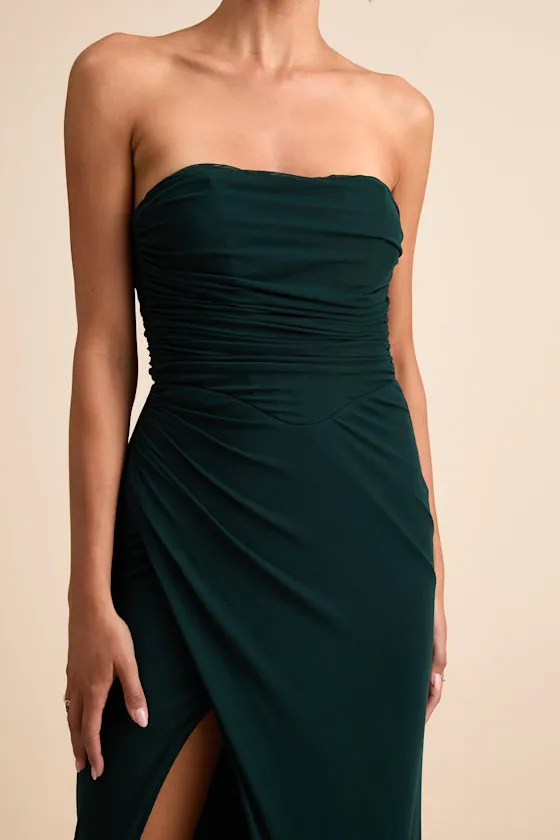 Epitome of Allure Brown Mesh Strapless Ruched Maxi Dress