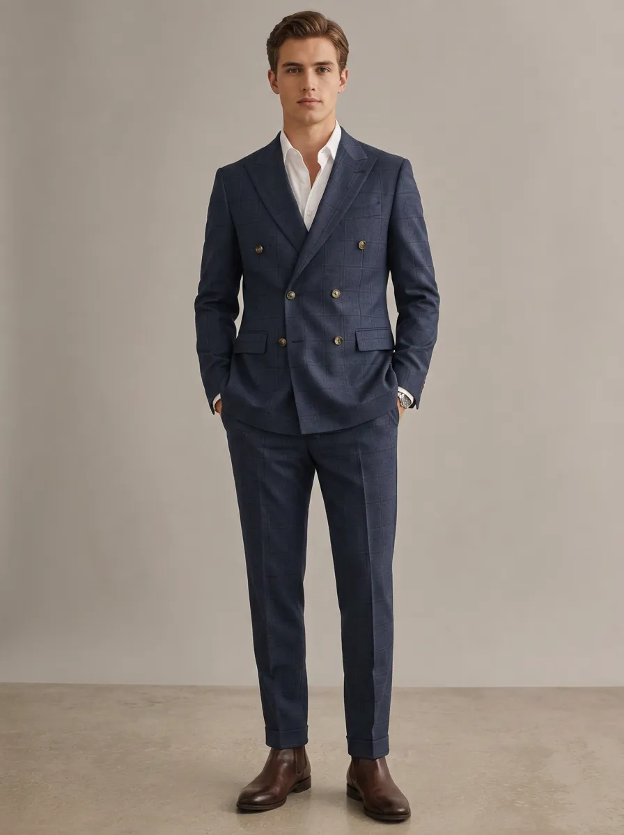 Men's Business Formal Navy Plaid Double-Breasted Suit Set
