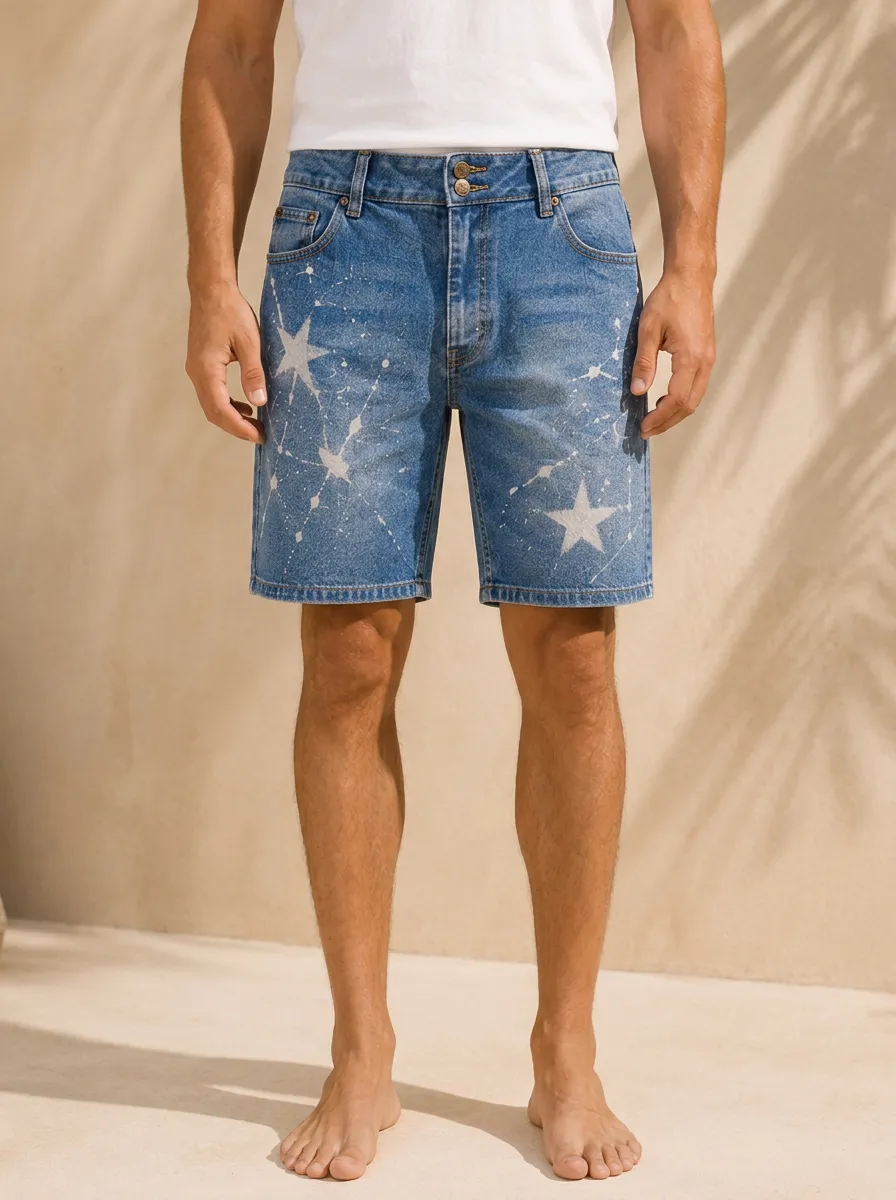 Men's Casual Denim Star Pattern Paint Splatter Printed Denim Shorts