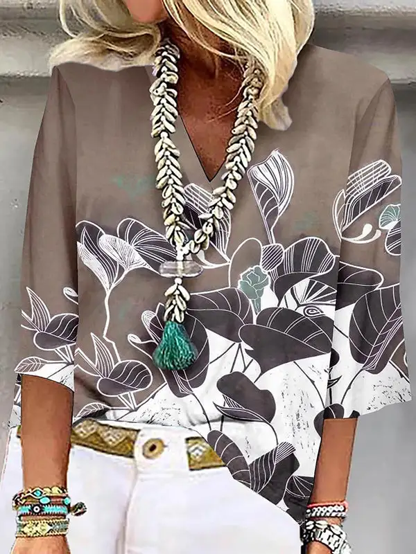 Relaxed Curve Fit Floral Print Three Quarter Sleeves V-Neck T-Shirt