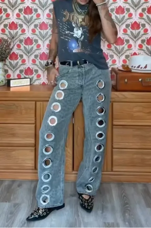 Leopard-Print Eyelet Jeans