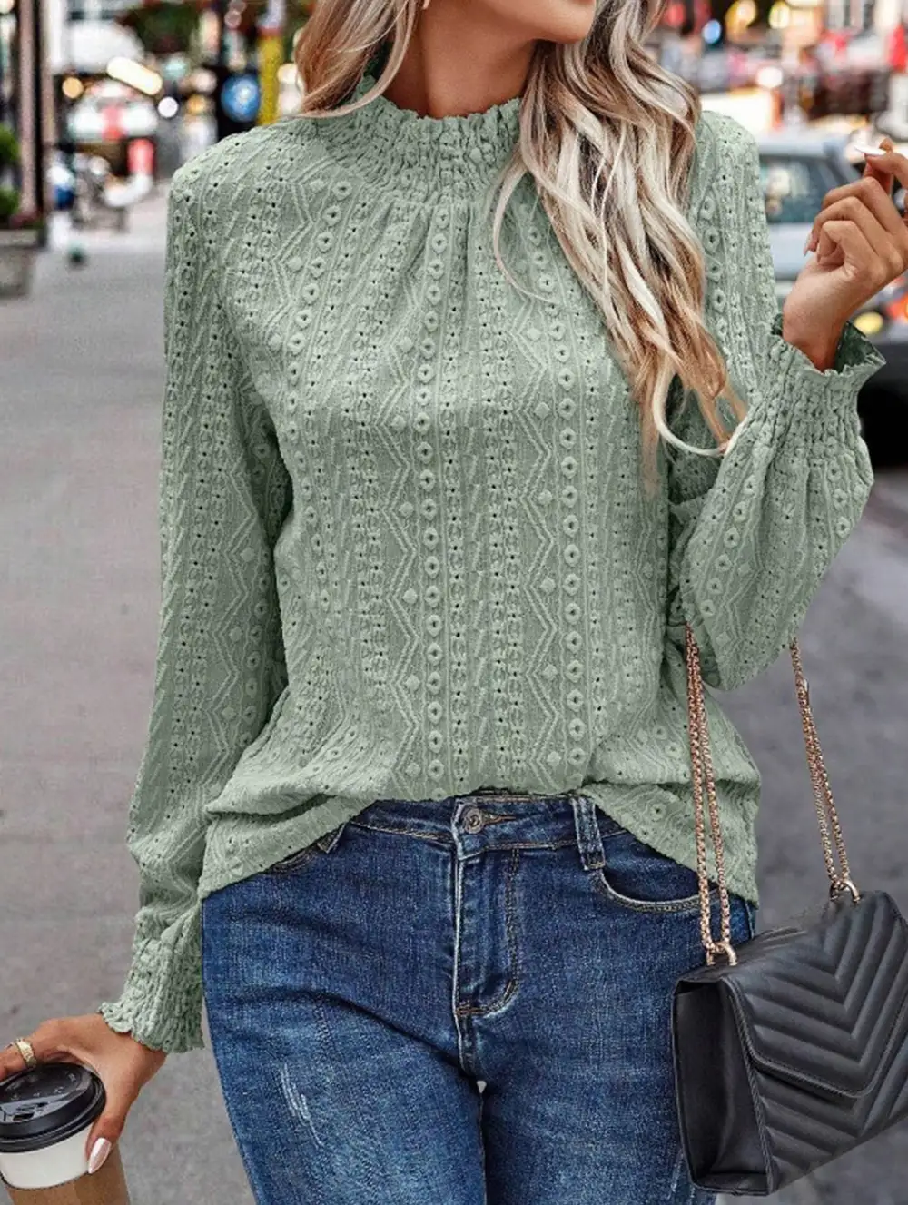 Jacquard Crew Neck Long Sleeve Tee
