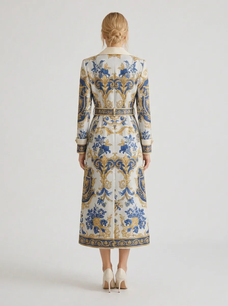 Women's Baroque Floral Blue Gold Printed Trench Coat