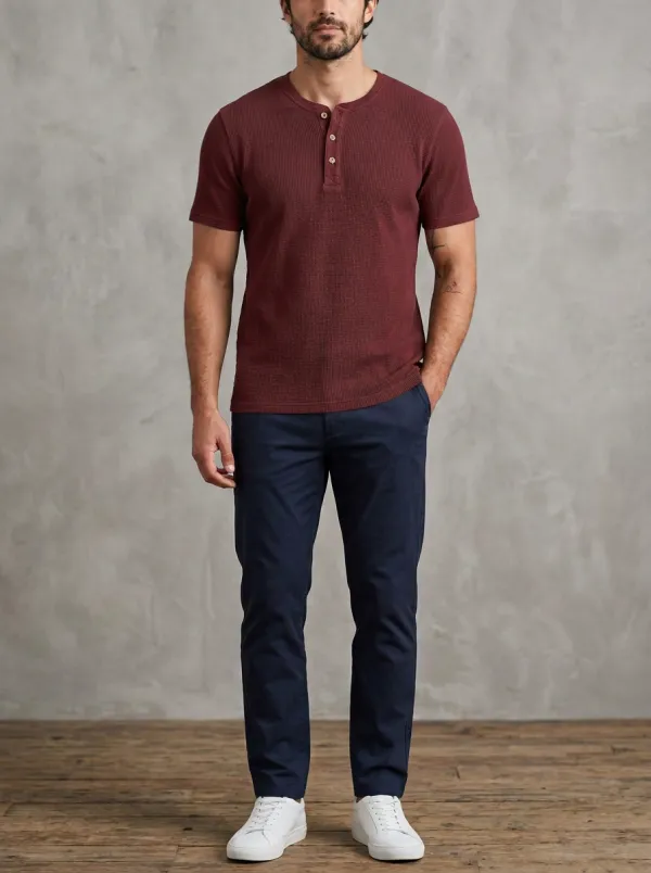 Button-Placket Textured Men's Short-Sleeve Henley Shirt