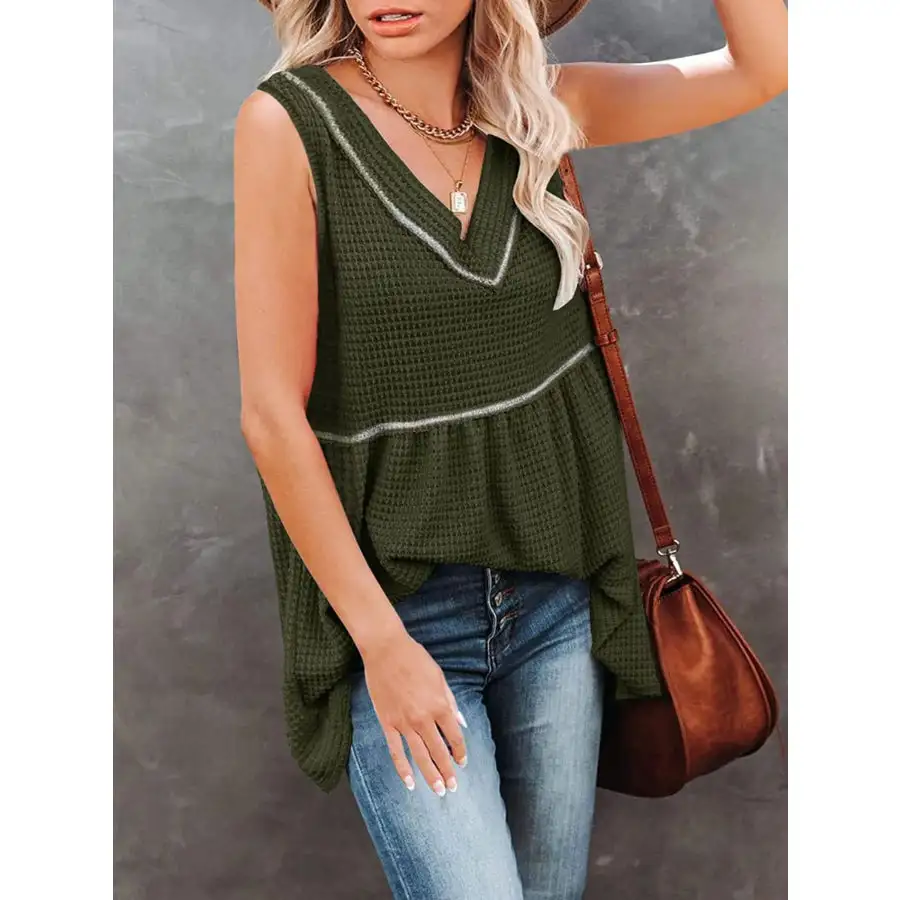 V Neck Waffle Knit Tank Top With
