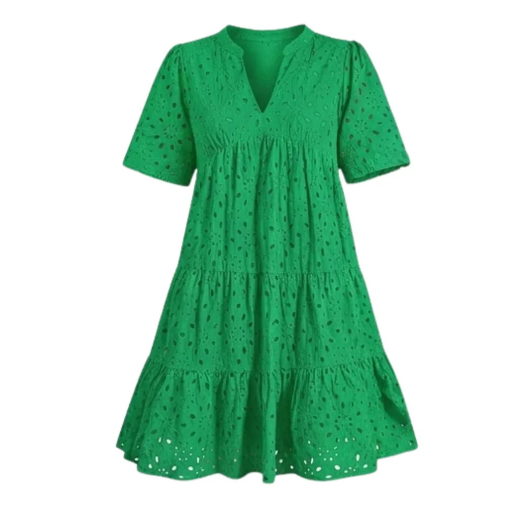 V Neck Flowy Eyelet Midi Dress