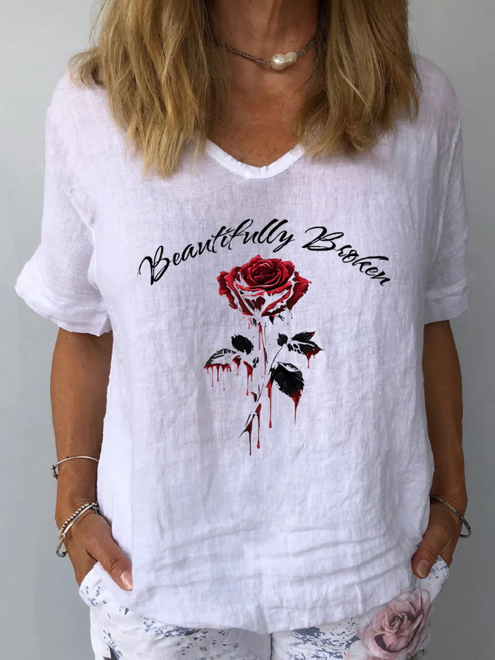 Women's Beautifully Broken Rose Printed Tee