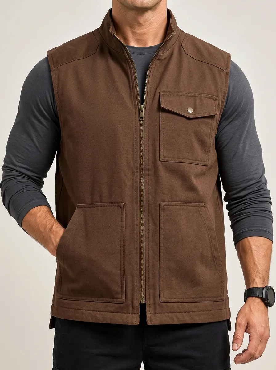 Zippered Front Men's Sleeveless Utility Jacket