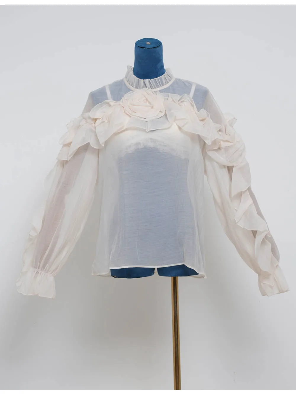 Chic D Irregular Ruffle Sheer Stand Neck Blouse