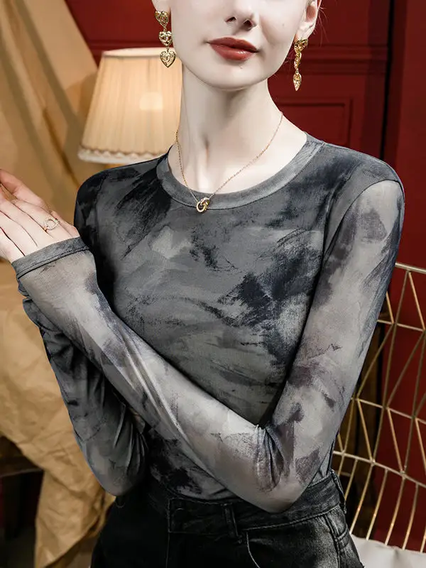 Long Sleeve Curve Fit Panel Detail Tie Dyed Round Neck T-Shirt