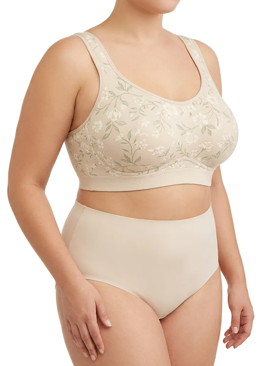 Women's Plus Size Beige Floral Scoop-Neck Wireless Bralette