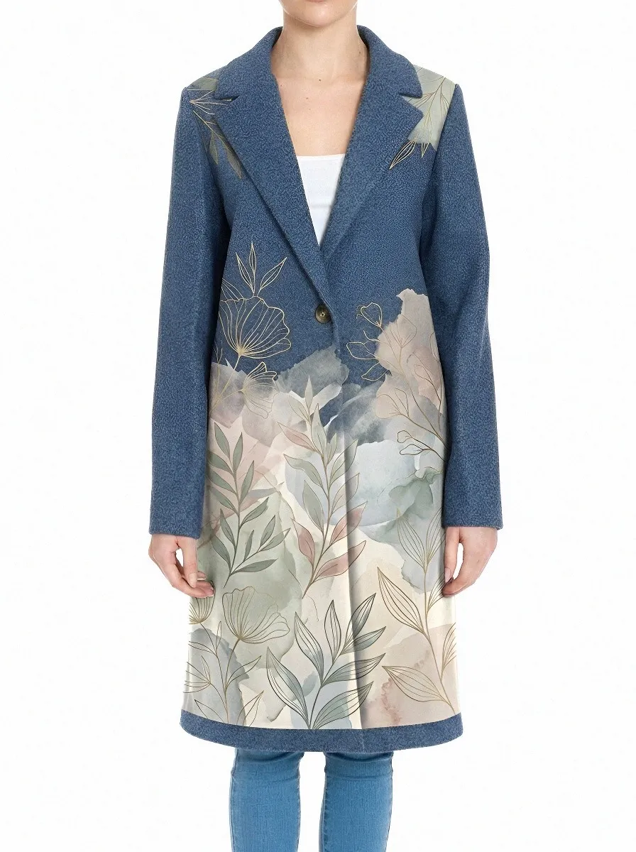 Women's Botanical Watercolor Floral Printed Wool Coat