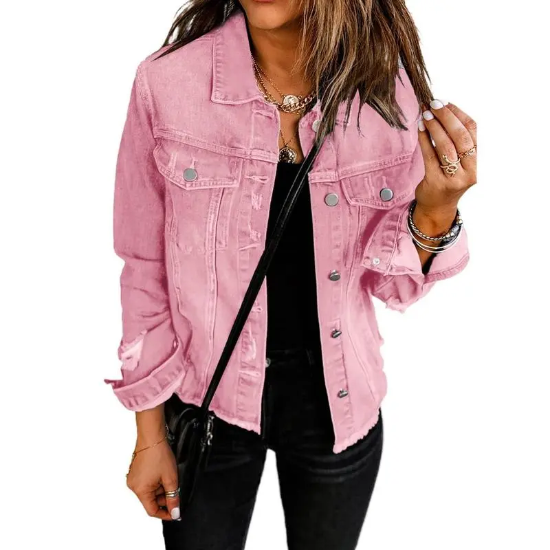 Women's Jean Jackets Casual Non Stretch Boyfriend Washed Coats Distressed Ripped Lapel Long Sleeve Denim Outwear Tops 2025 Womenswear Fall Winter Outfits Fitted Basic