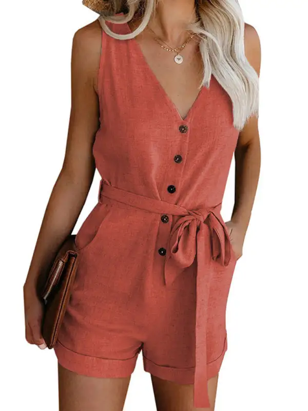 Woven V Neck Button Up Sleeveless Jumpsuit