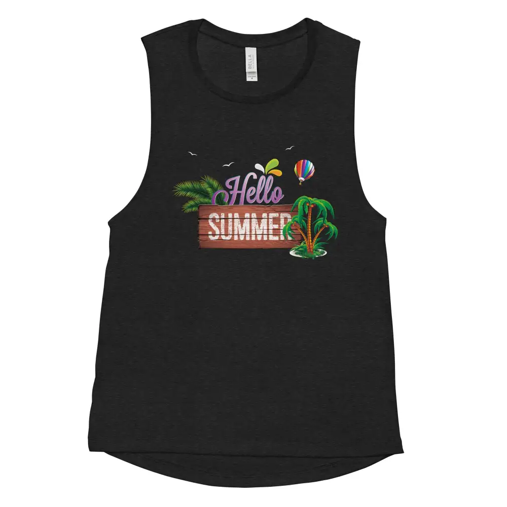 Graphic Ladies Muscle Tank Hello Summer Tank Top