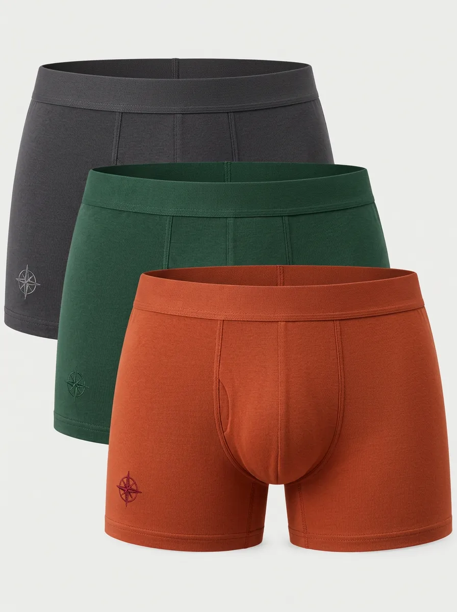 Compass Embroidery Men's Cotton Boxer Briefs — Three Pack