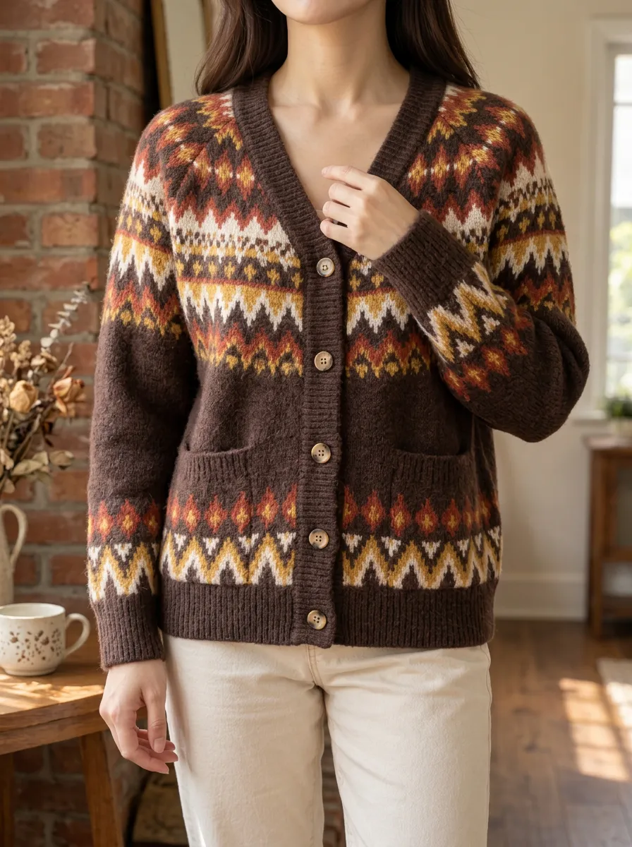 Women's Boho Vintage Fair Isle Pattern Printed Cardigan