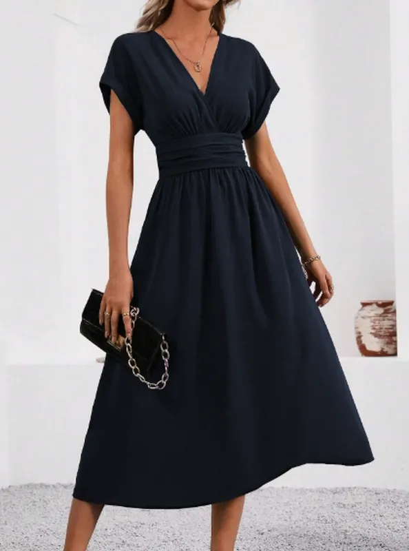 V-neck Pleated Waist Midi Dress