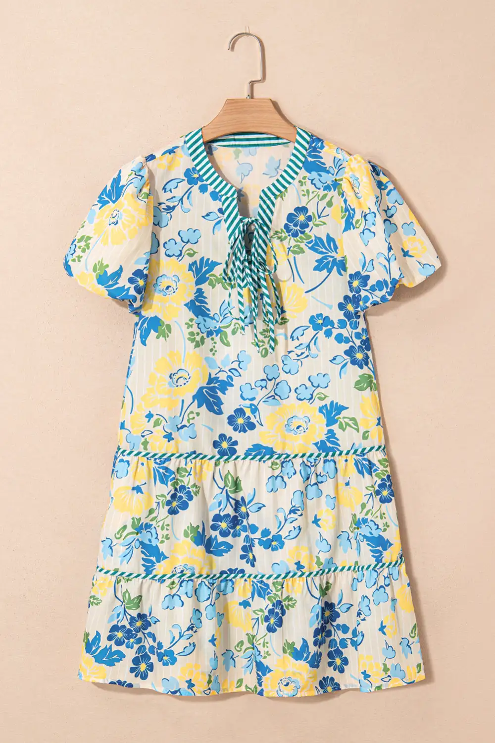 Striped Trim Puff Short Sleeve Dress