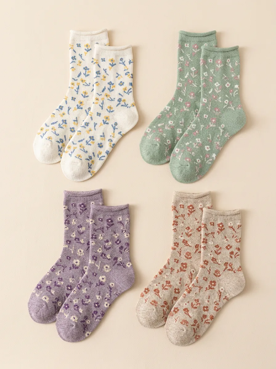 Women's Rolled Edge Floral Mid Calf Crew Socks Four Pair Set