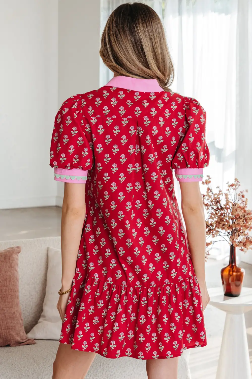 Layered Detail Floral Printed V Neck Mini Dress