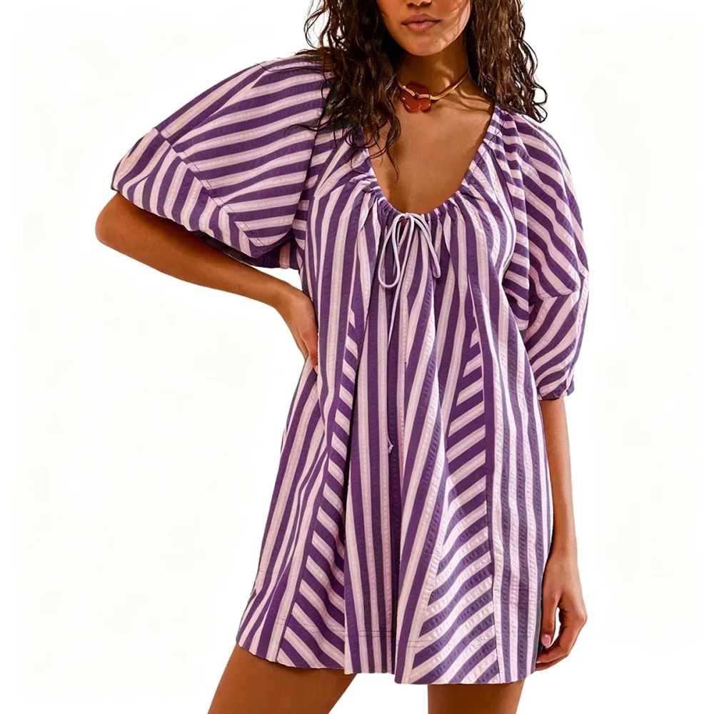 Womens Striped Romper Casual Loose Puff Sleeve Wide Leg Jumpsuit