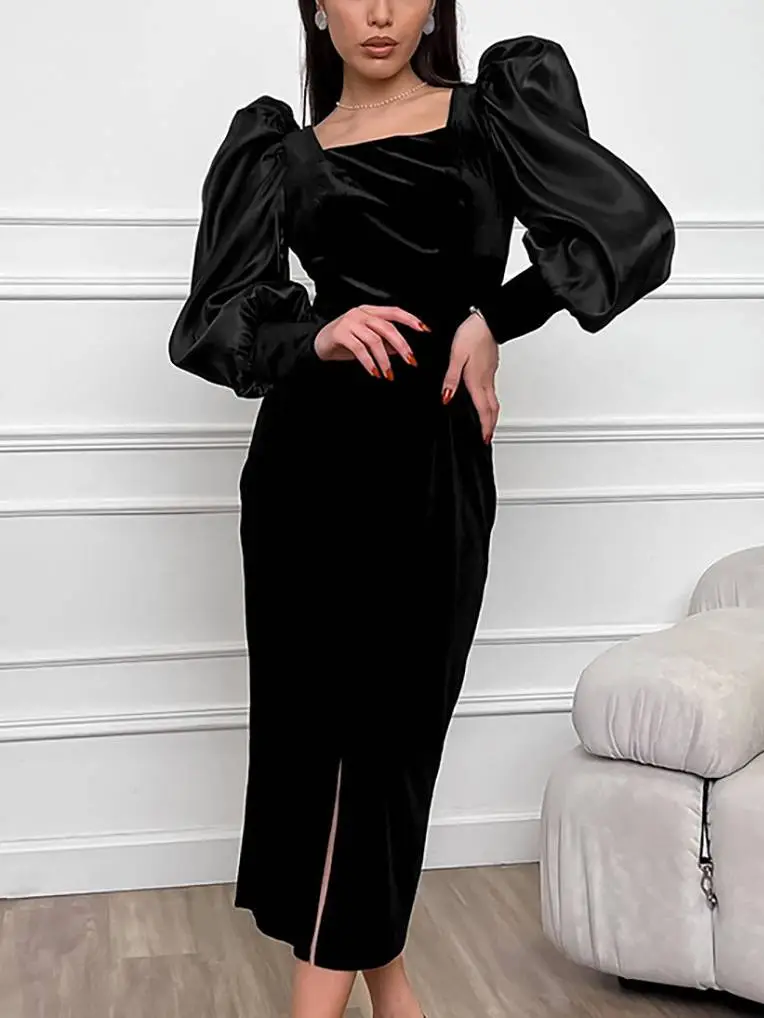 Square Neck Bubble Sleeve Front Slit Midi Dress
