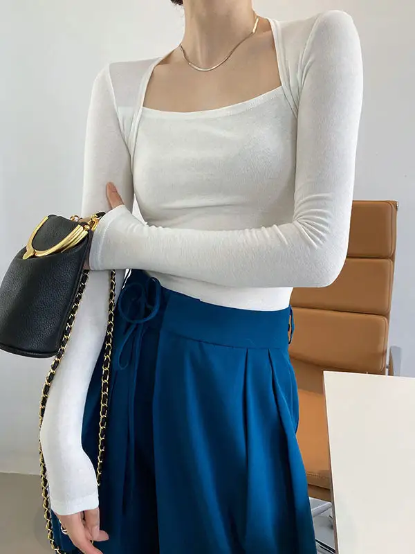 Square Neck Long Sleeve Slim T-Shirt