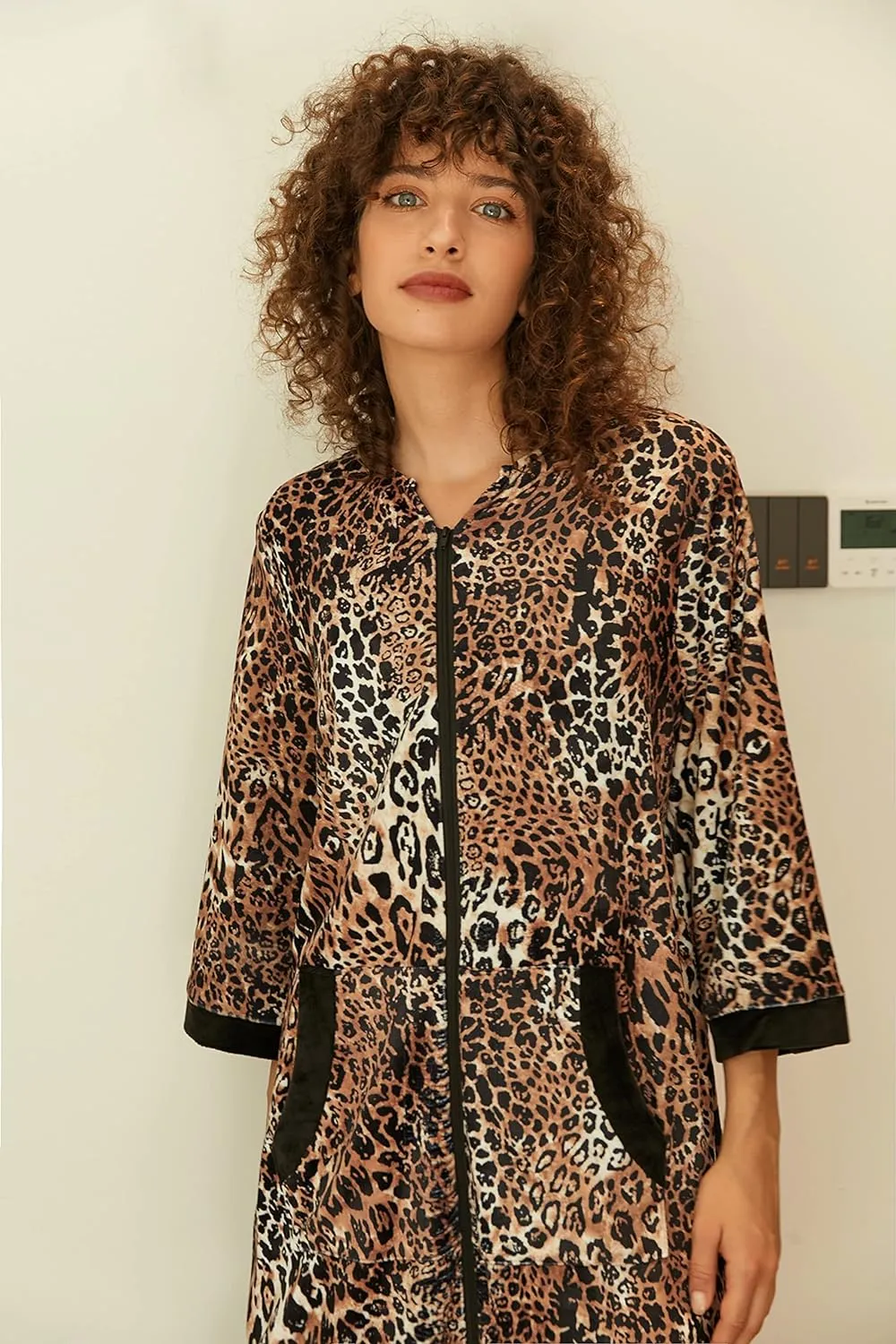 50% OFF Women Zipper Robe 3/4 Sleeves Loungewear Dress Full Length Sleepwear Pockets Housecoat Nightgown Long Bathrobe