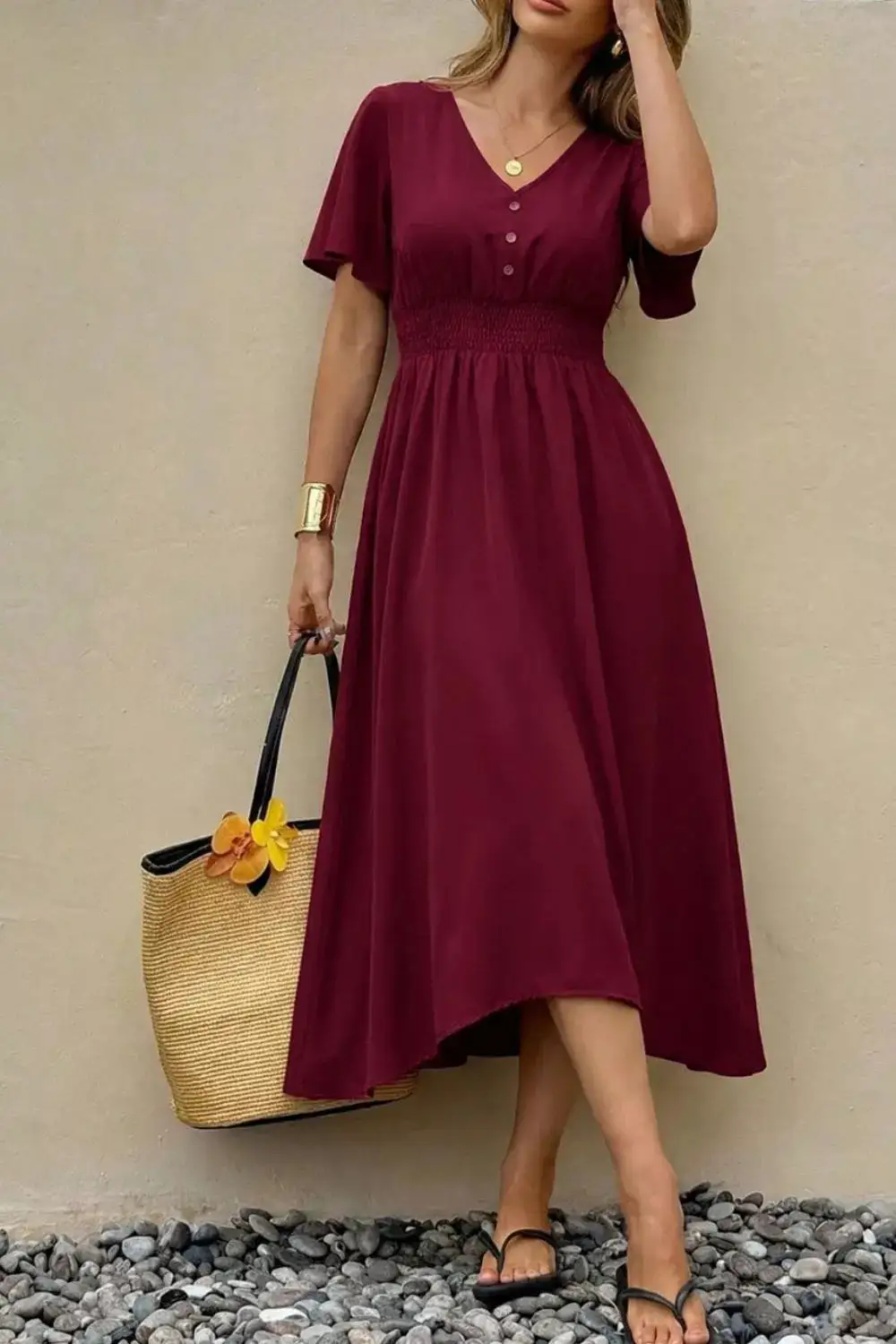 V Neck Flutter Sleeve Midi Dress