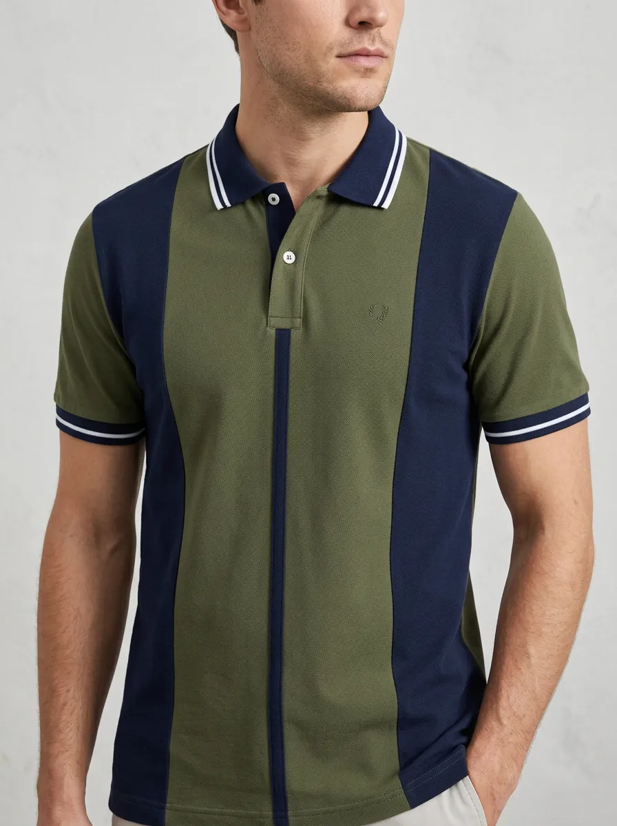 Men's Vintage Style Olive Navy Striped Panel Polo Shirt