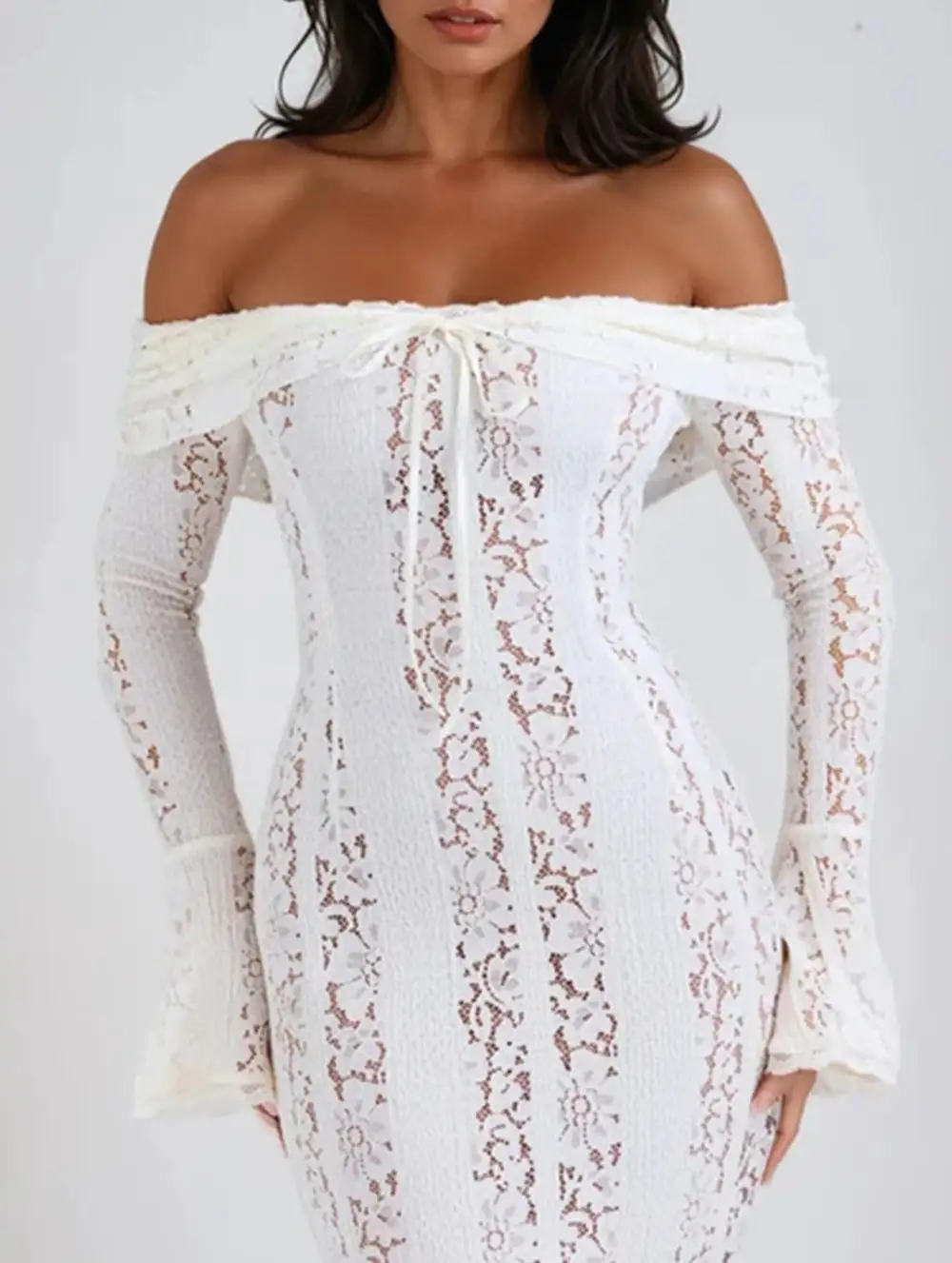 Lace Off Shoulder Bell Sleeve Evening Dress