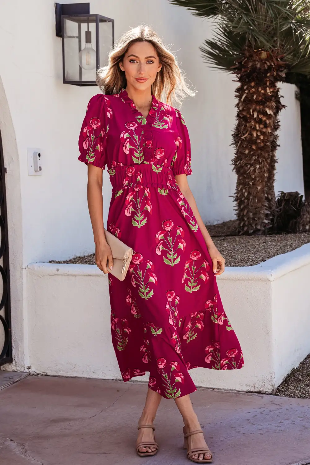 Gathered Detail Floral Printed V Neck Maxi Dress