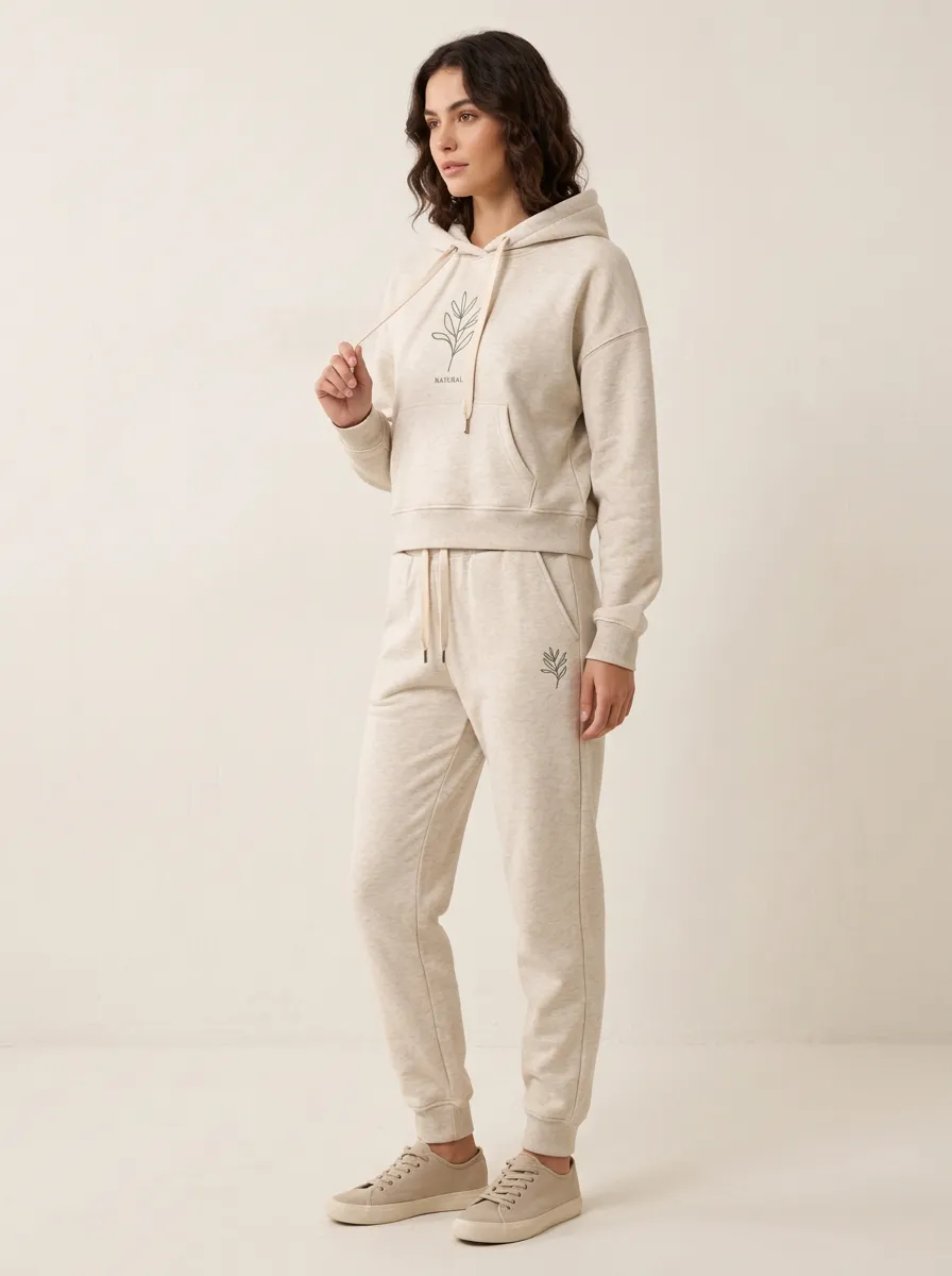 Women's Beige Tapered Pants Solid Hoodie & Pants Set