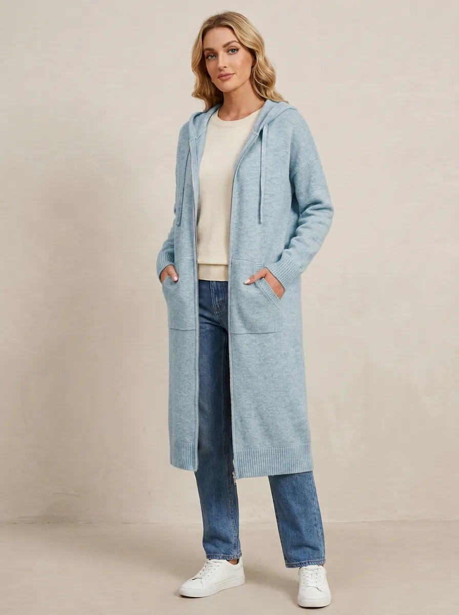 Minimal-Layer Knit Long Hooded Coat