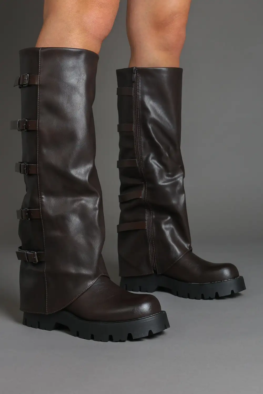 Slouch Fold-Over Chunky Sole Lug Sole Knee High Boots