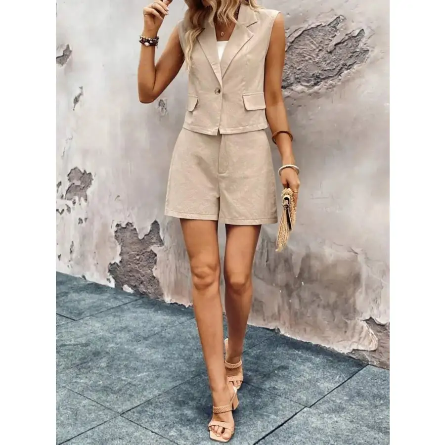 One Button Sleeveless Top and Shorts Set
