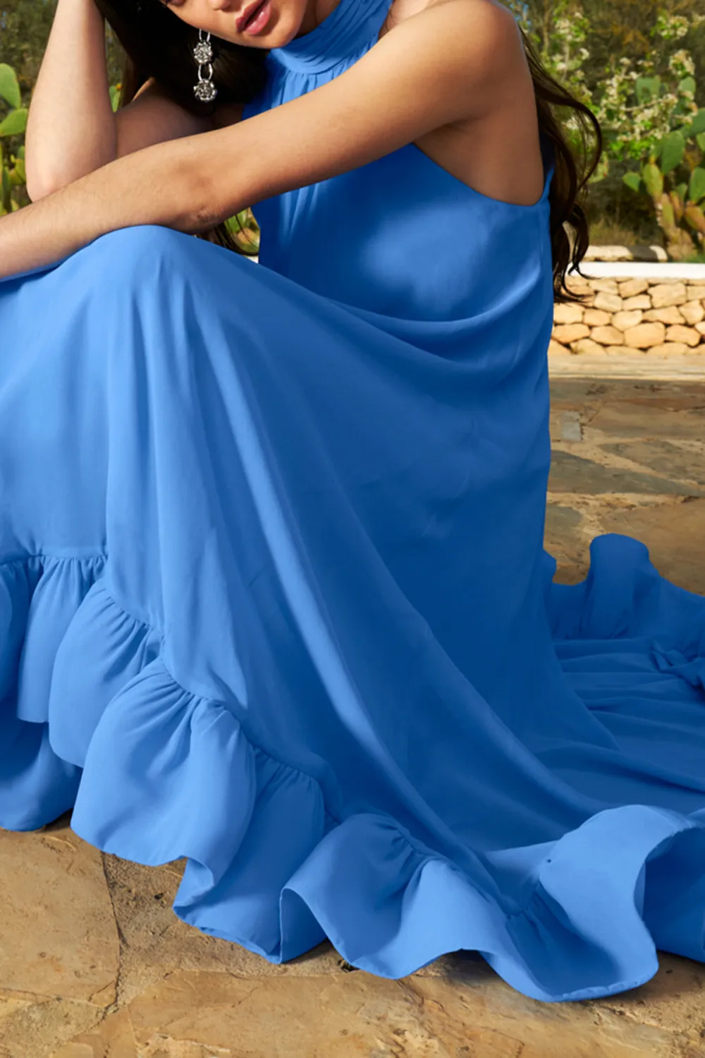 Halter Neck Asymmetric Hem Maxi Dress