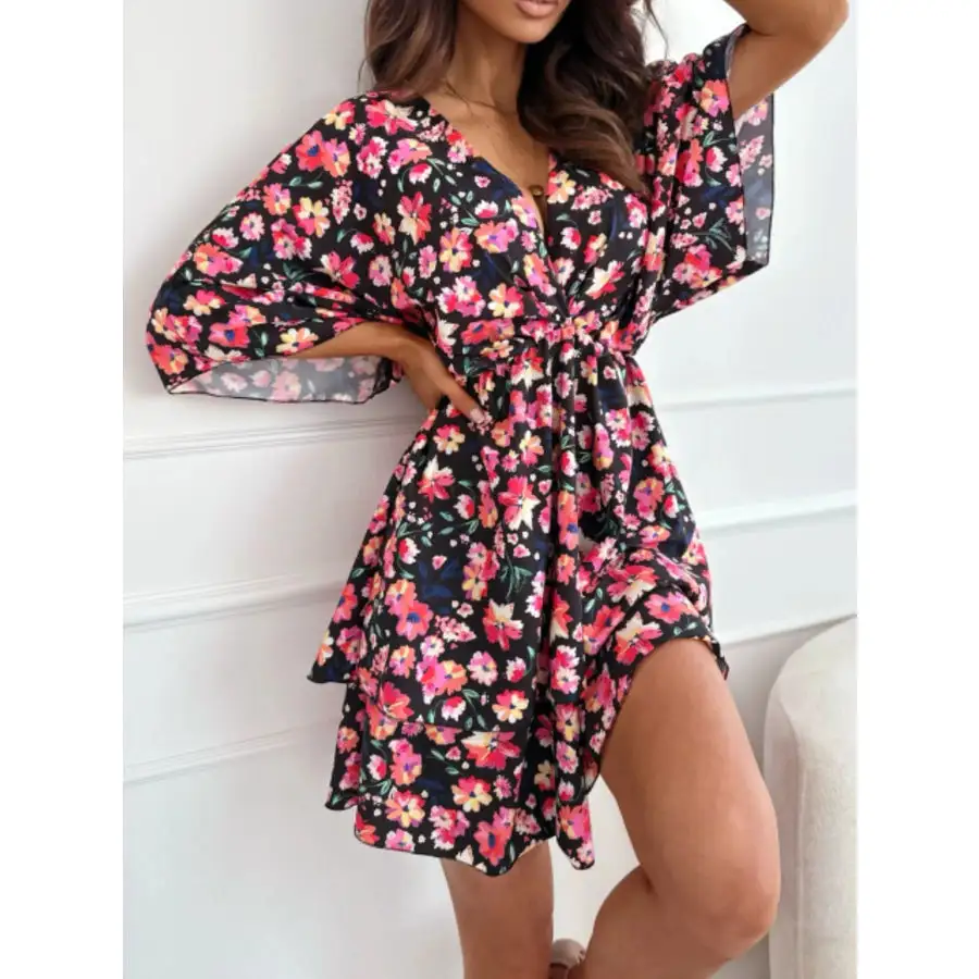 Print V-neck Ruffle Mini Dress