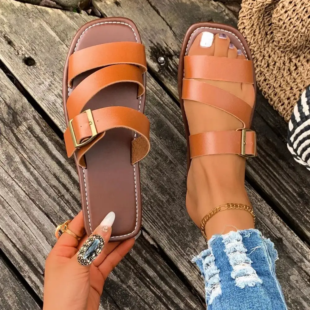 Textured Open Toe Buckle Sandals